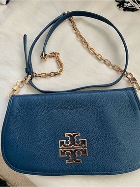 Tory Burch Blue Pebbled Leather Shoulder Bag with Gold Hardware